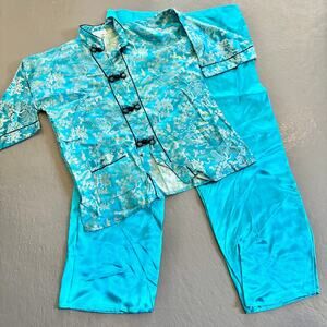 Vintage Childrens Traditional Chinese Pajama Shirt and Pant Set Blue Size 10